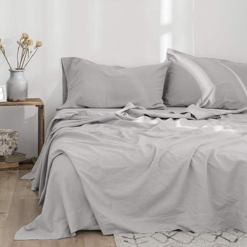 Simple&Opulence Belgian Linen Sheet Set Solid Color - 4 Pieces (1 Flat Sheet, 1 Fitted Sheet & 2 Pillowcases) Natural Flax Cotton Blend Soft Breathable Farmhouse Bedding - Full Size, Grey - Image 1